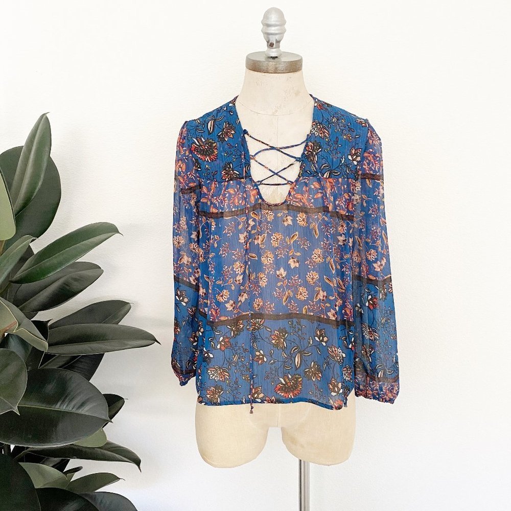 Everly Blue Floral Lace-up Peasant Top Small